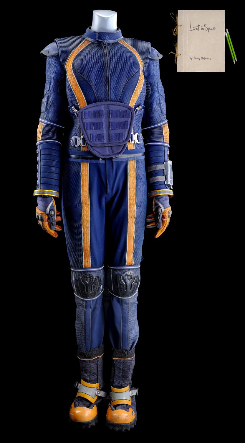 penny-robinson-spacesuit-under-layers-with-boots-and-wrist-communications-device-and-lost-in-space-journal